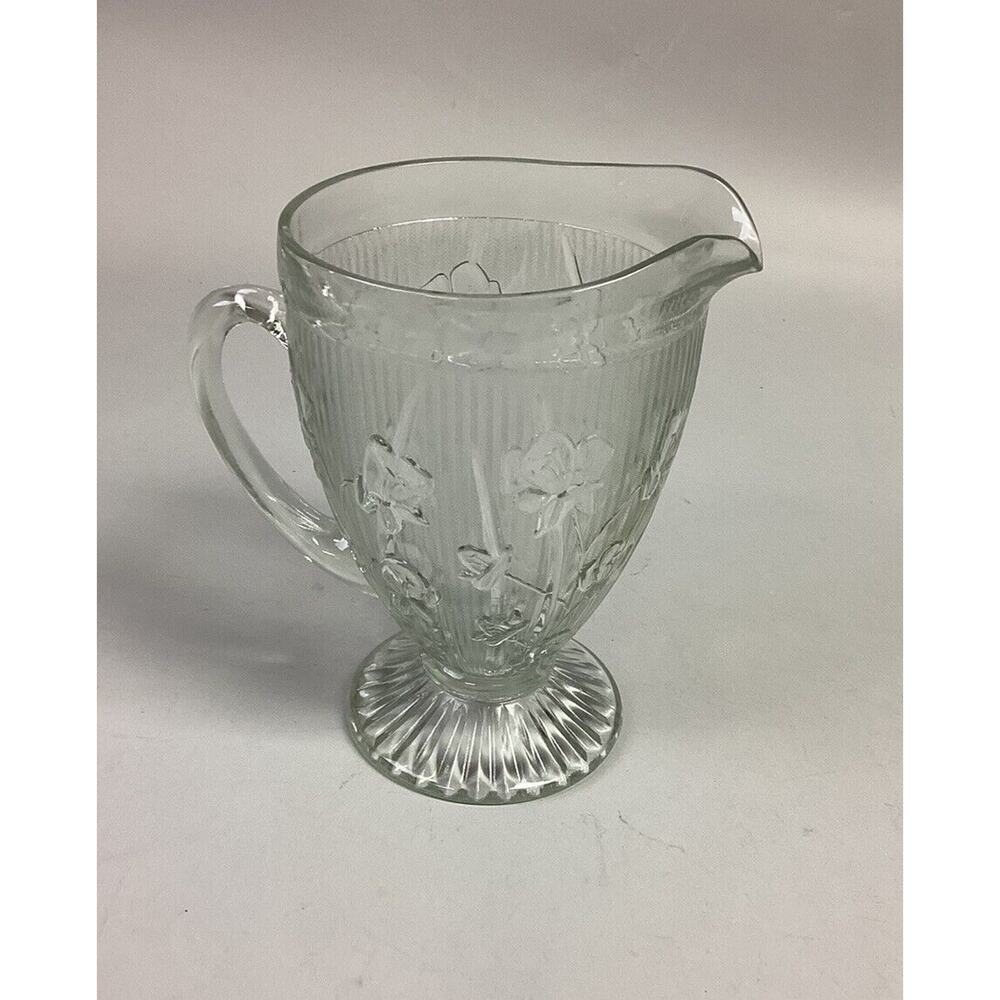 Jeannette Glass Co. Iris & Herringbone Pitcher VTG 9” Footed Crystal, 1920s–30s